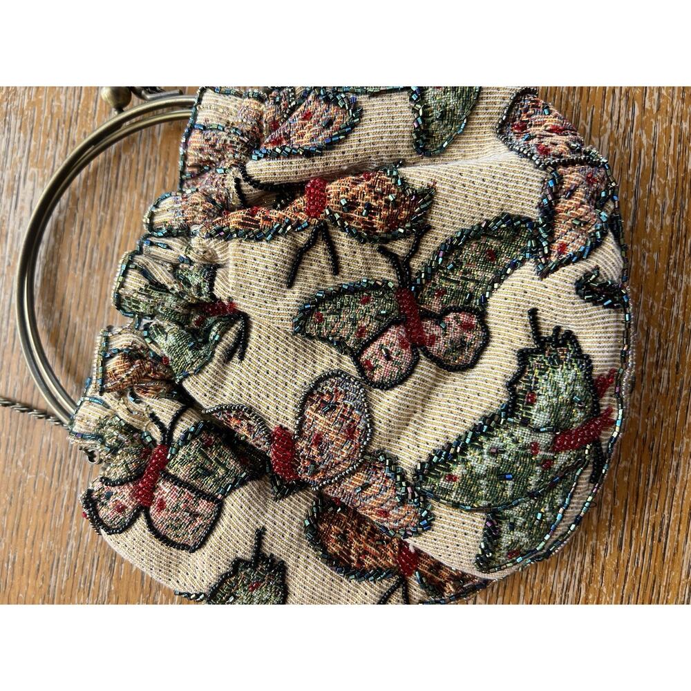 Vintage Beaded Butterfly Tapestry Purse W/Kiss Lock Clasp Handle Or Chain Strap - Picture 6 of 7